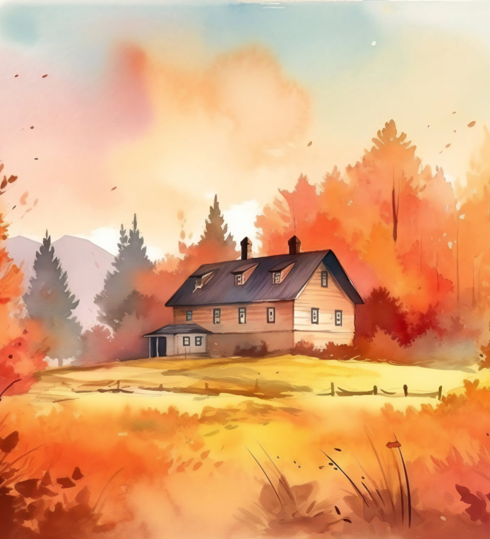 A painting of house in autumn