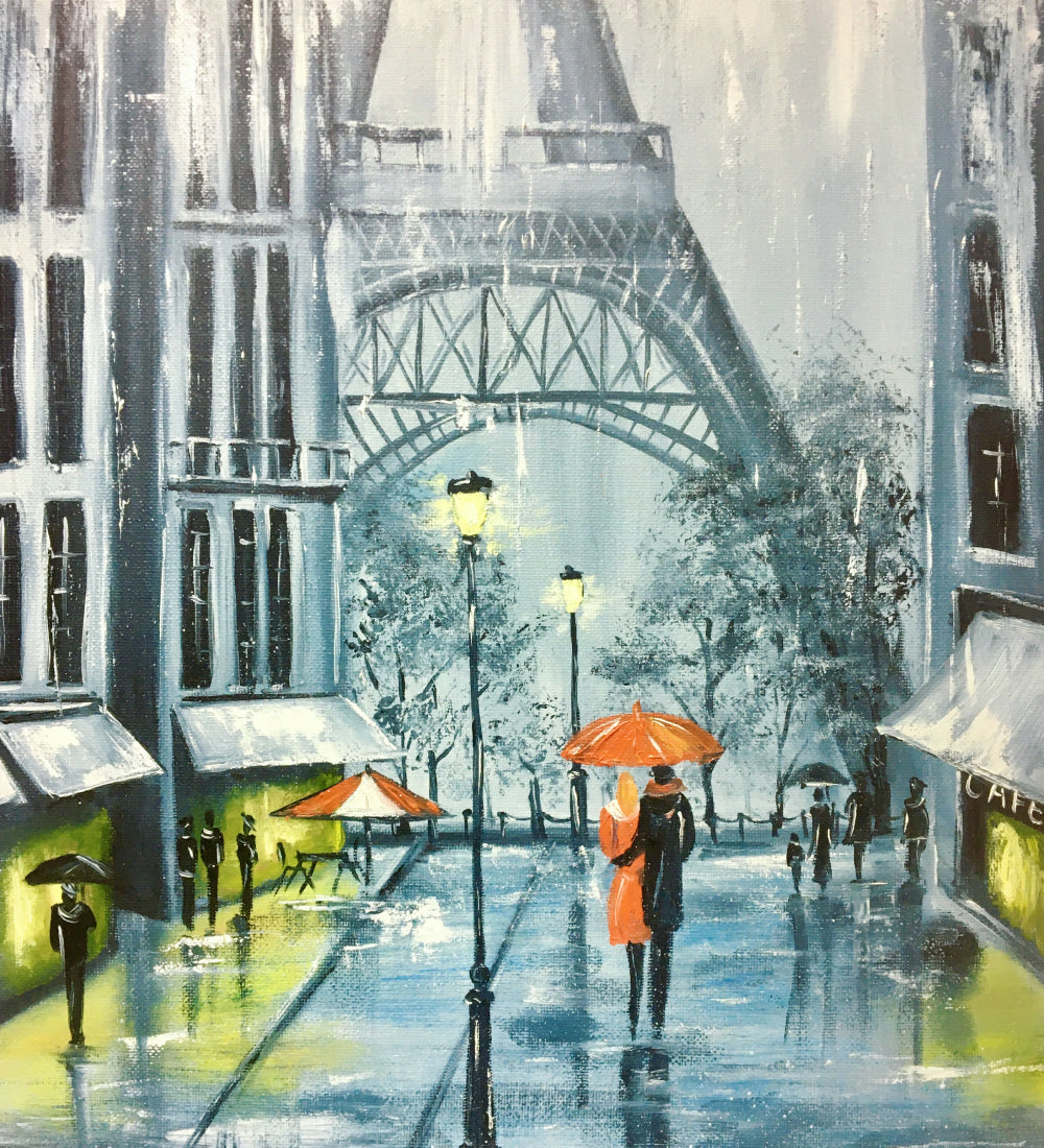 Oil painting rain in paris