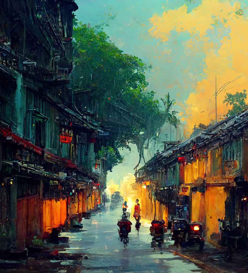 A painting of a street scene