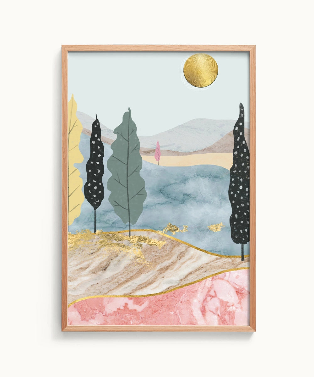 Golden Sun Over Marble Hills and Whimsical Forestscape