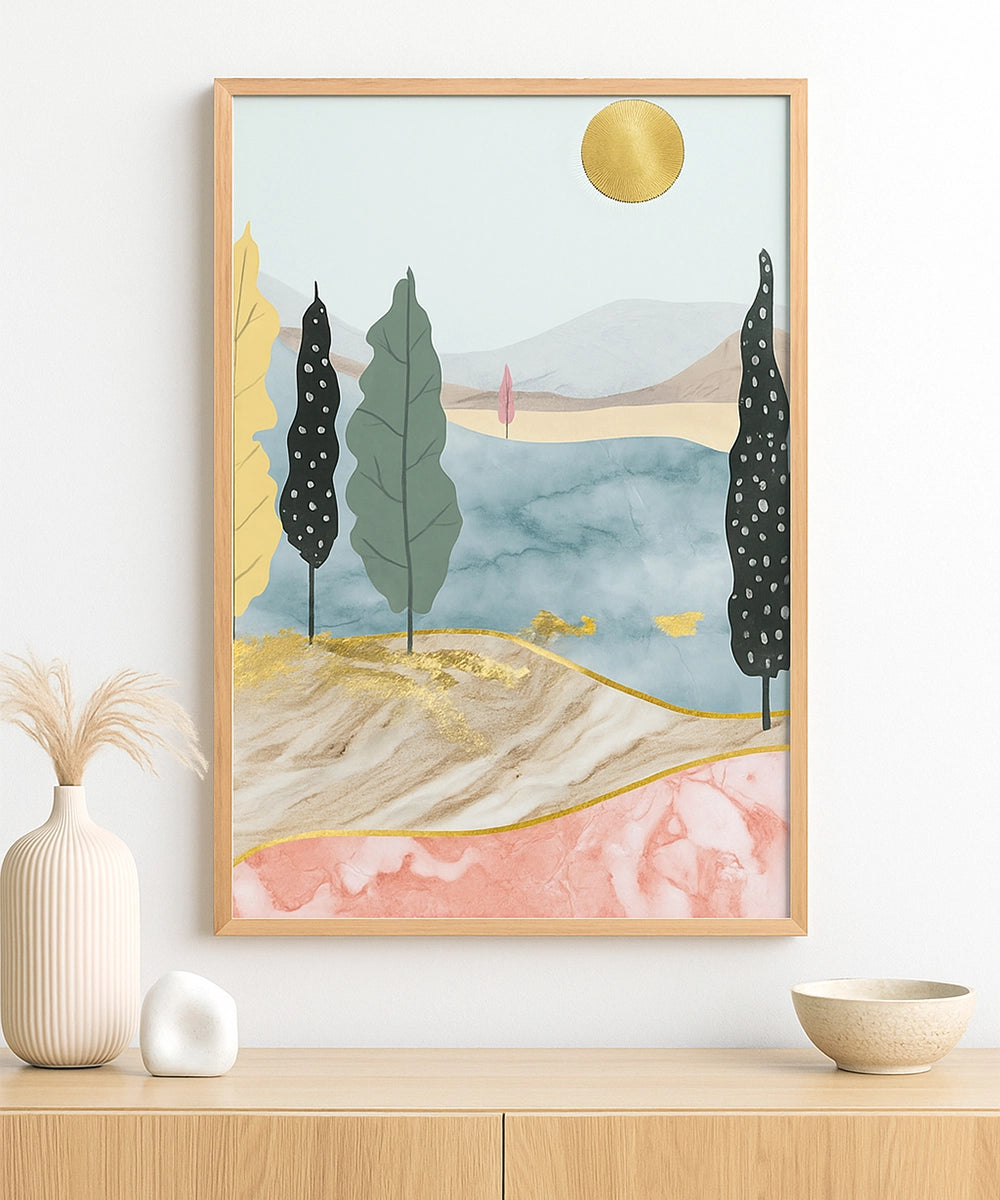 Golden Sun Over Marble Hills and Whimsical Forestscape