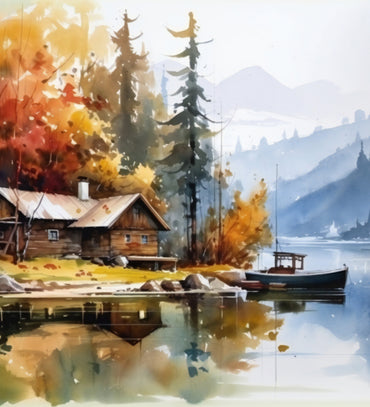 A painting of a house by the river