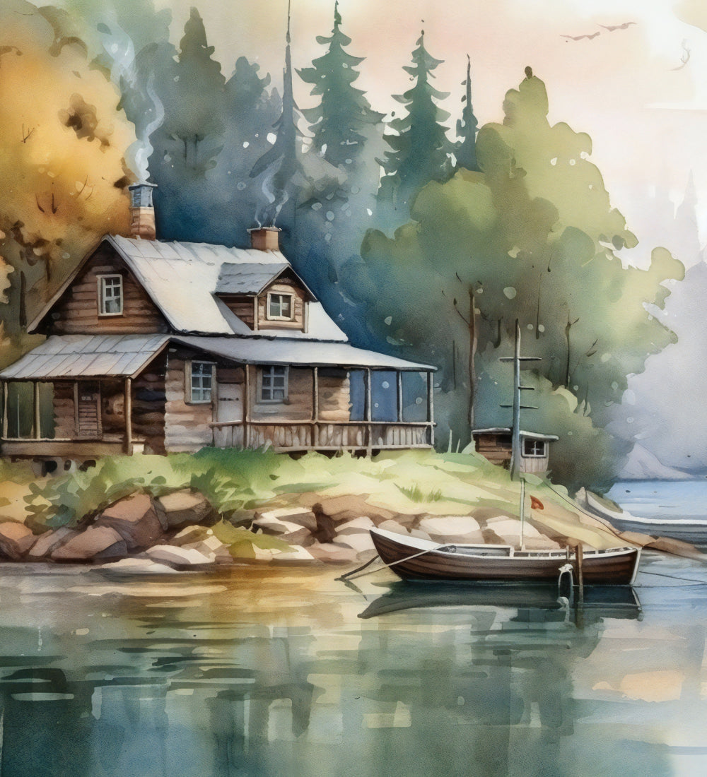 Watercolor swedish lakeside painting