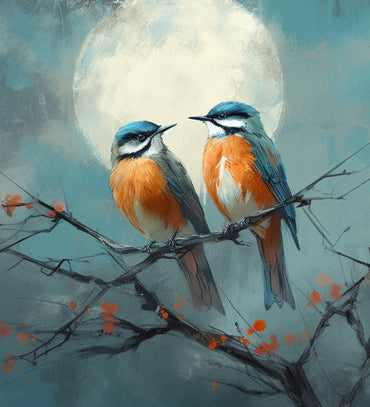 Colorful birds on blooming tree