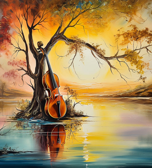A painting of a violin on a tree