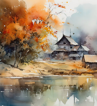 A painting of house in autumn