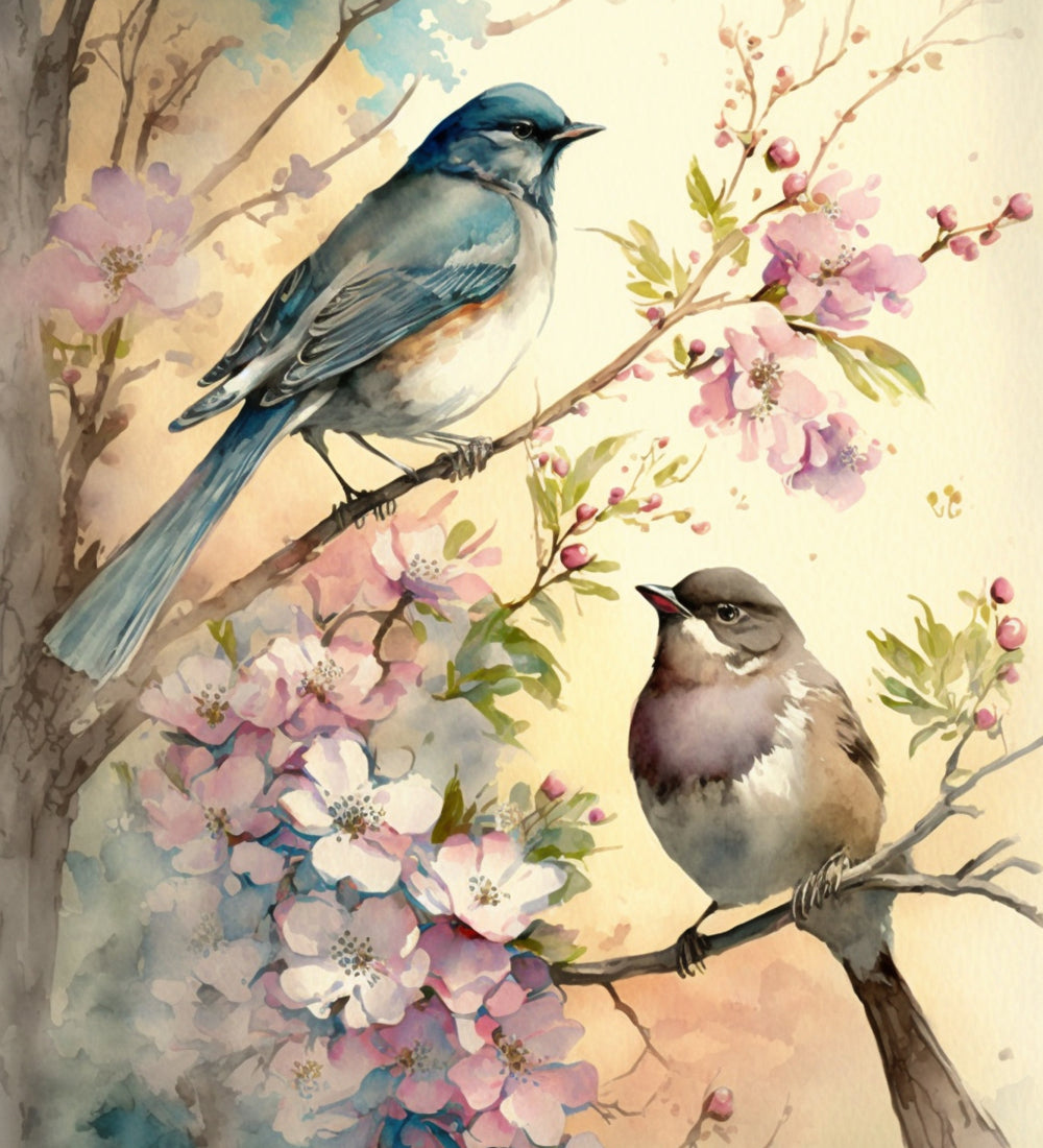 Colorful birds on blooming tree